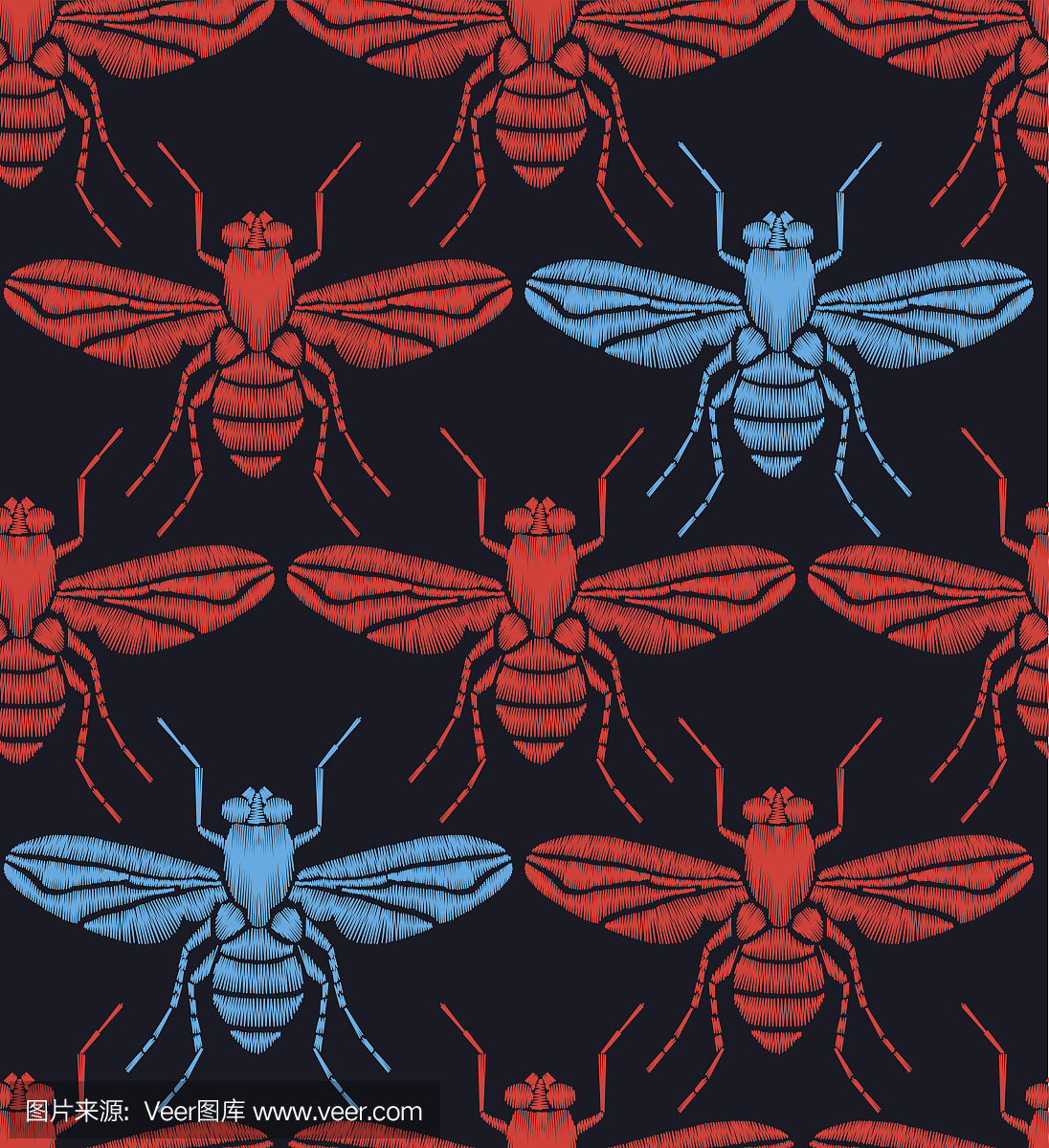 类型化昆虫的无缝图案。绣花飞,蜜蜂。